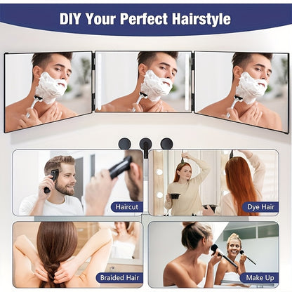 3-Wege Trifold Spiegel und Kamm, 360 Grad drehbarer faltbarer Make-up Spiegel mit Haken - Höhenverstellbare Halterung, Multifunktionaler Spiegel für Selbst-Haarschnitt, Rasur, Schönheit, Gesichtspflege
