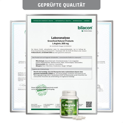 GREENFOOD L-Arginin Kapseln, hochdosiert, 500 mg - 120 Kapseln, vegan. OHNE künstliche Zusätze, laborgeprüft.