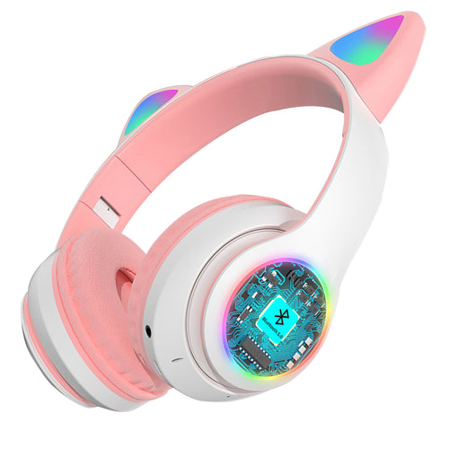 Kabellose Kopfhörer Retoo Techpro, Kinderkopfhörer, Katzenohren, RGB, Musik, Eingebauter Micro SD-Kartenleser, Eingebauter Akku, Kopfhörer, Hochwertiges Klangbild, Bis zu 6 Stunden Betriebszeit, Bis zu 18 Stunden Standby-Zeit, 2H Ladezeit, Jack-Eingang, Ü