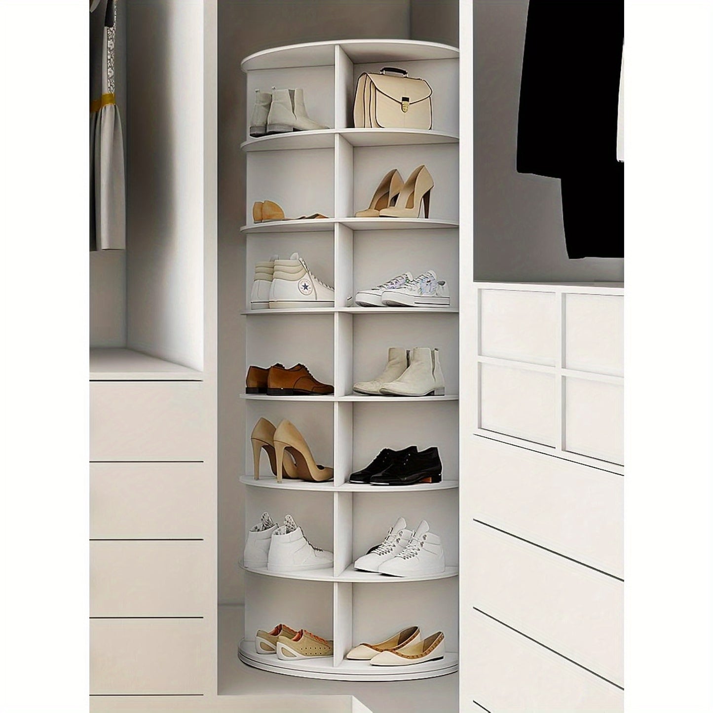Drehbarer Schuhturm 5/6/7 Ebenen für 20/24/28 Schuhe, 360° drehbares Präsentationsregal Weiß, Drehscheibe-Organizer, rundes Schuhregal-Karussell, vertikales Karussell für Hüte  Handtaschen