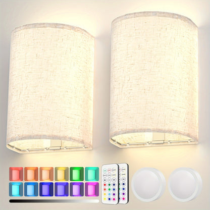 RGBW 2er-Set LED-Wandleuchten mit Fernbedienung, batteriebetrieben für den Innenbereich mit Stoffschirm, 12 RGB-Farben  Tagesweiß, wechselbare dimmbare Wandleuchte für Wohnzimmer, Schlafzimmer, Flur