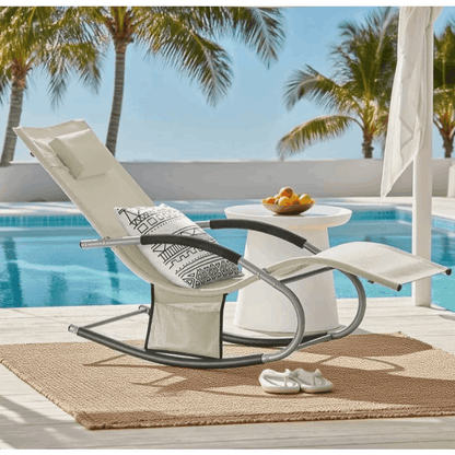 1 Stück Sonnenliege Gartenliege Relaxliege Schaukelliege Liegestuhl Outdoor mit Kopfkissen Ergonomische Liegefläche Wetterbeständiges Gewebe Metallgestell Seitentasche Bis 150 kg Terrasse Balkon Garten Camping 150x87x63cm