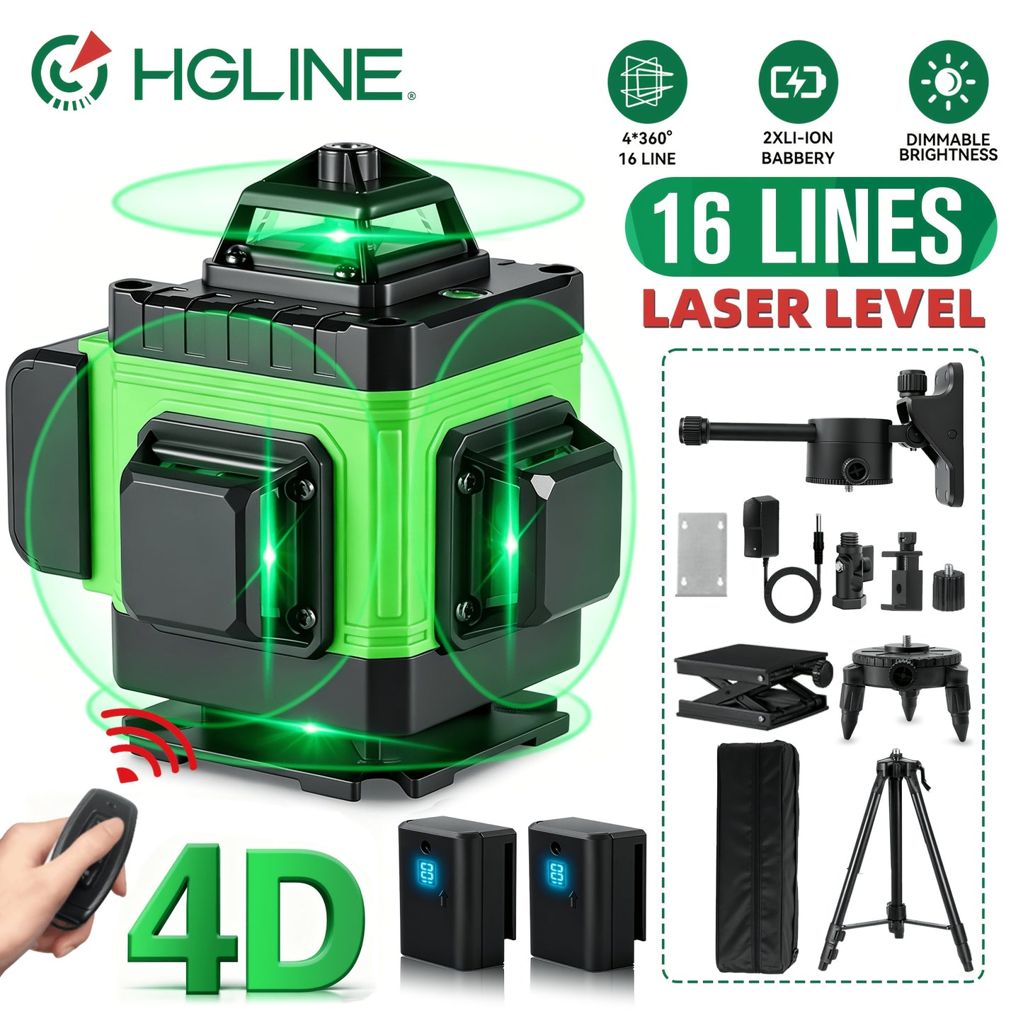 1 Set 16 Linien Laser Waterwaage 360 Automatisches Nivellieren, 4X360° Grüne Kreuzlinien Laser Waterwaage Werkzeug für Bau und Bilder Aufhängen, 4D Laser Waterwaage mit 2 Wiederaufladbaren Batterien