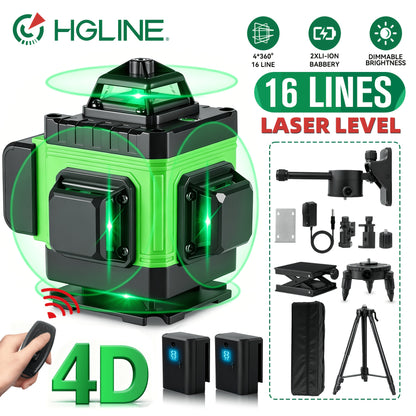 1 Set 16 Linien Laser Waterwaage 360 Automatisches Nivellieren, 4X360° Grüne Kreuzlinien Laser Waterwaage Werkzeug für Bau und Bilder Aufhängen, 4D Laser Waterwaage mit 2 Wiederaufladbaren Batterien