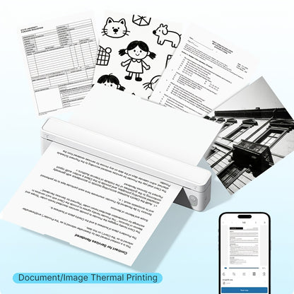 A10A Kabelloser Thermodrucker, 1800mAh Akku, Kompakter Mobile Drucker für Reisen, Büro, Zuhause, Inklusive 10 Blatt Thermopapier. Unterstützt Smartphones und Computer