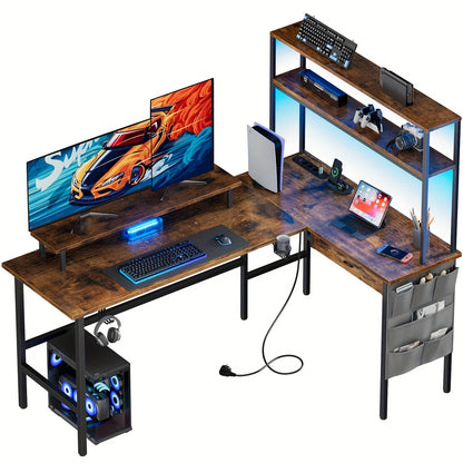 Neuer L-förmiger Gaming-Schreibtisch mit Steckdosen & LED-Beleuchtung, 59/67 Zoll umkehrbarer L-förmiger Computerecktisch mit Ablage & Monitorständer - Modernes Design fürs Homeoffice, Weihnachtsgeschenke