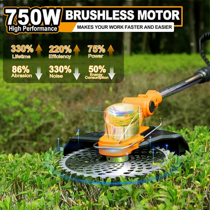 Grasschneider mit Unkrautbürste, Grasschneider mit 2 Akkus 4.0Ah, 21V Bürstenloser Motorsense, Elektrischer Motorsense, 5 Klingenarten, 23cm Schneidebreite
