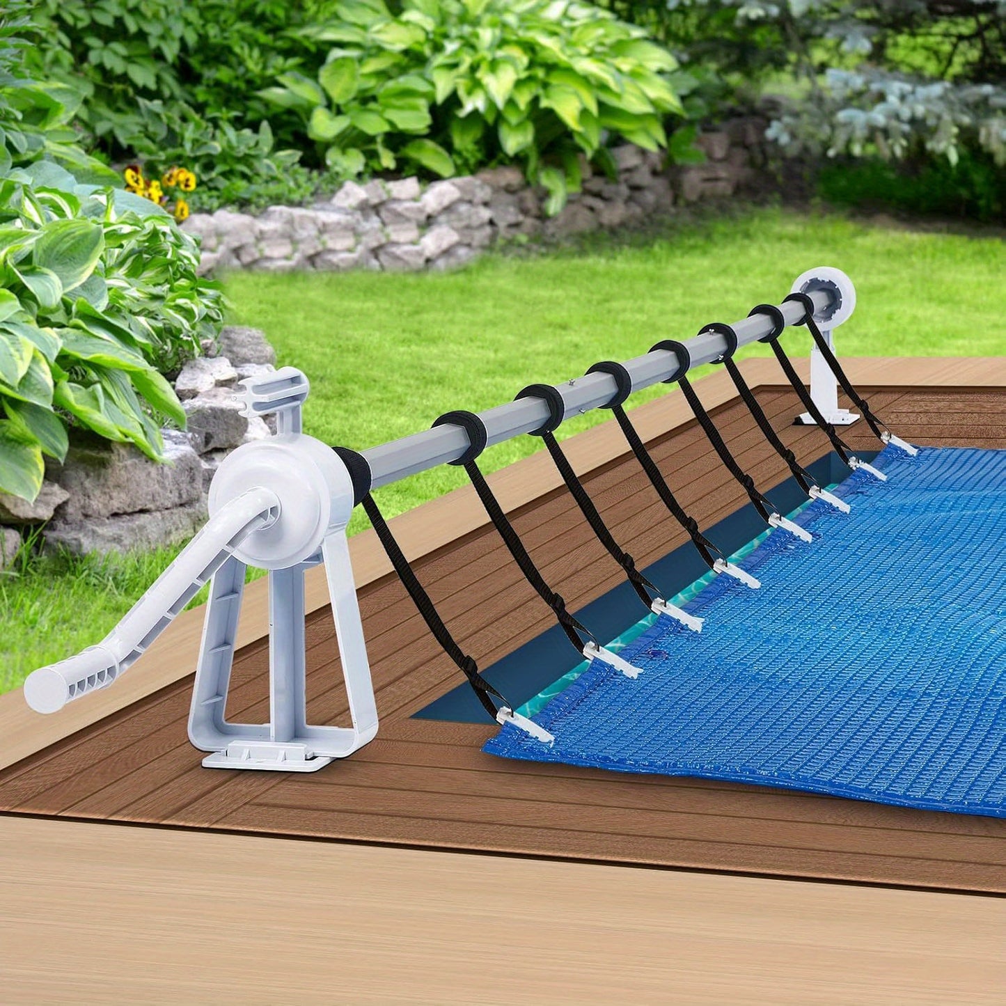 Pool Reel 1.05M - 6.15M Rollsystem für Pool-Planen, Rollgerät für feste Montage, inklusive 8 Rollen für Poolplane und Abdeckungen - Typ B
