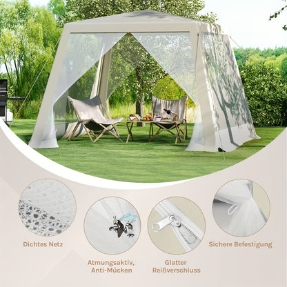 1 Stück Pavillon, 3 x 3 m, Gartenpavillon mit Seitenwand-Moskitonetz, Metall-Gartenhaus-Pavillon, Partyzelt, Strandunterstand, Outdoor-Pergola, Sonnenschutz, UV-Schutz, geräumig, einfach zu montieren, für Garten, Terrasse, Hof, beige, blau