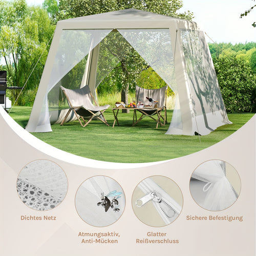 1 Stück Pavillon, 3 x 3 m, Gartenpavillon mit Seitenwand-Moskitonetz, Metall-Gartenhaus-Pavillon, Partyzelt, Strandunterstand, Outdoor-Pergola, Sonnenschutz, UV-Schutz, geräumig, einfach zu montieren, für Garten, Terrasse, Hof, beige, blau