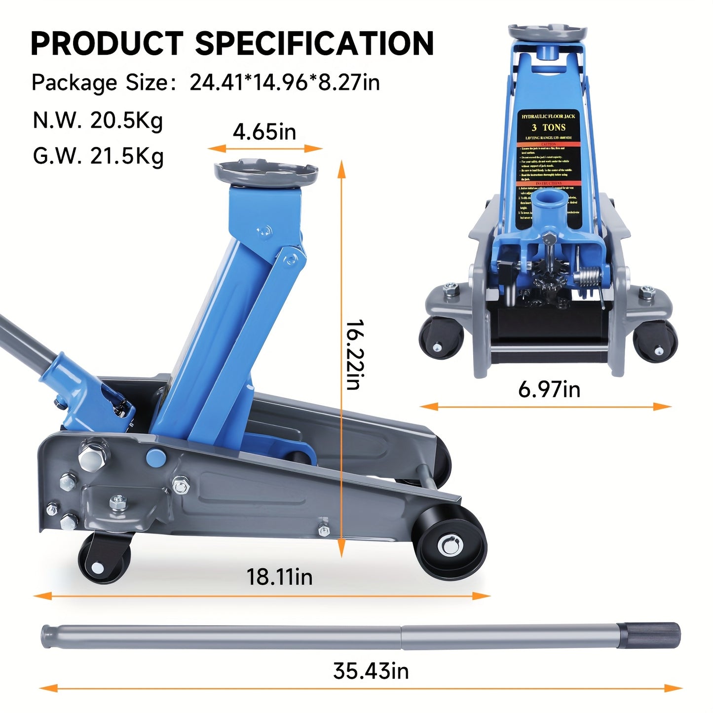 3T Professioneller Hochleistungs-Hydraulikwagenheber, Auto-Wagenheber, 135-460 mm/80-465 mm Hebeausmaß, 360° Drehbare Räder, Ergonomischer Griff für PKWs & SUVs, Fahrzeugwartung | Sicheres Hebezubehör | Wagenheber mit drehbaren Rädern, für Autowerkstatt u