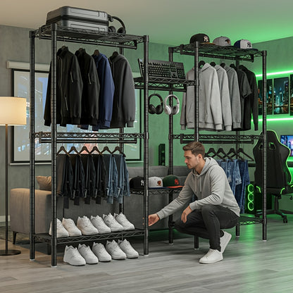 Platzsparendes, robustes Kleiderbügel | Rostfreier Kohlenstoffstahl, 200+ Hängekapazität, Kippschutz, 408.23KG Schwarzes Kleiderbügelgestell für urbanes Studio-Wohnung Garderobe, flexible Montage, freistehend