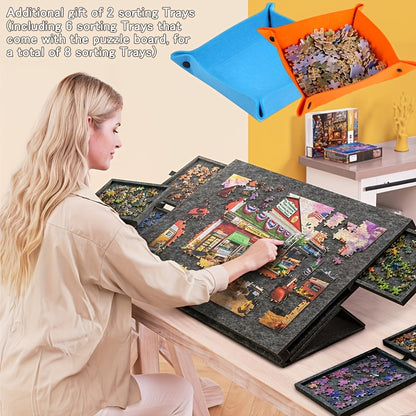 Puzzle-Tisch mit 2-in-1 Schrägdesign | Ultraleichte Filz-Puzzlebrett mit sechs Schubladen, tragbar und langlebig, Grau, Marke: Pylv