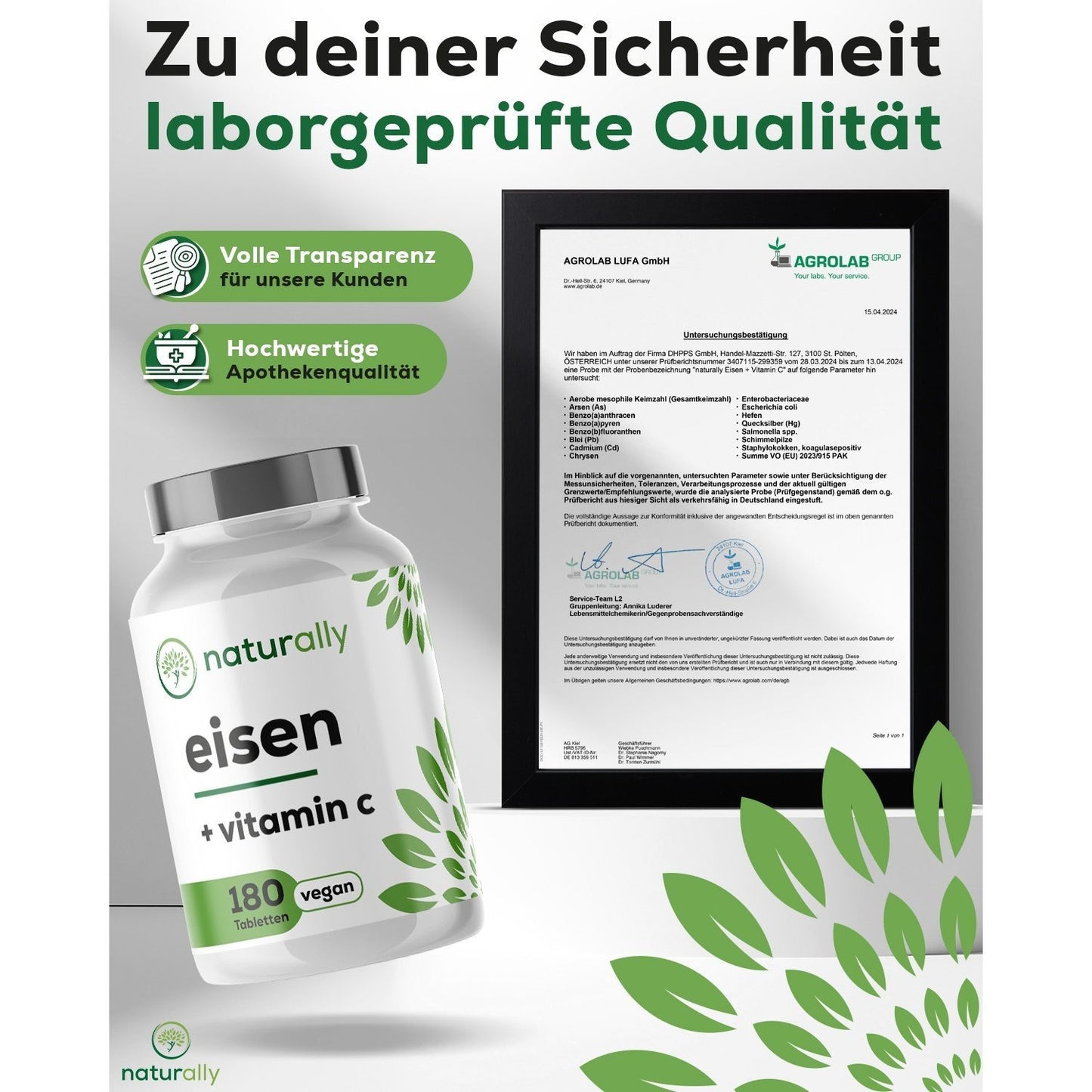 Eisentabletten mit Vitamin C [180 Stück] – 20mg Eisen aus Eisenbisglycinat, 40mg Vitamin C aus Hagebutte – vegan von naturally