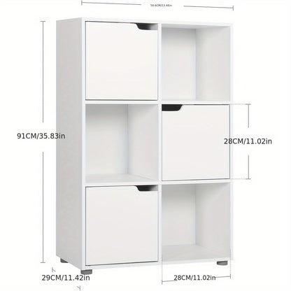 1 Stk. Bücherregal, Büroregal, Vertikales Bücherregal, Lagerregal, Raumteiler, Aktenregal, für Zuhause, Büro, 3 Türen, 6 Fächer, 29 x 91 x 59,6 cm
