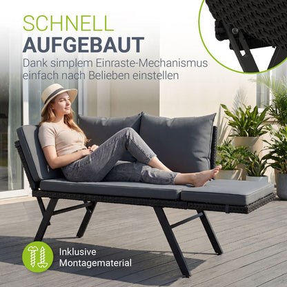 Multifunktionsbank Calvia Schwarz/Grau/Creme - klappbare Sonnenliege mit wetterfestem Polyrattan, Gartenbank mit 240 kg Belastbarkeit