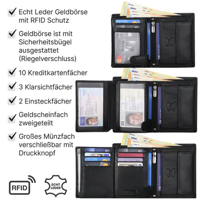 Leder Geldbörse Herren Portemonnaie RFID 10 Kartenfächer Hochformat EAAKIE Geldbeutel Echtleder Schwarz Maße : 12 x 9,5 x 2 cm