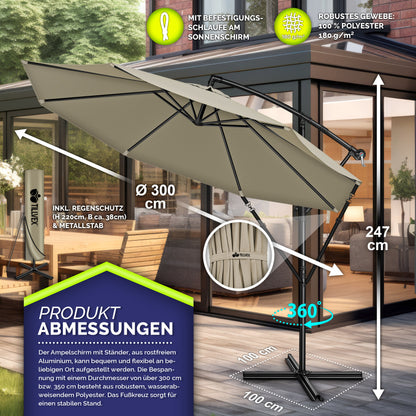 tillvex® Sonnenschirm Alu + Abdeckung + Windschutz Ø 300 cm mit Kurbel Ampelschirm Groß mit Ständer & Windschutz Gartenschirm UV-Schutz Aluminium Kurbelschirm Marktschirm wasserdicht 360° drehbar Terrasse Garten Balkon