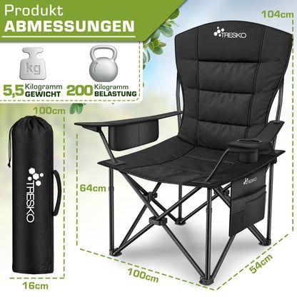 TRESKO® Campingstuhl Faltbar bis 200kg | Faltstuhl mit Kühltasche, Getränkehalter & Seitentasche | Klappstuhl XXL inkl. Tragetasche | Angelstuhl gepolstert für Outdoor, Angeln, Festival & Garten