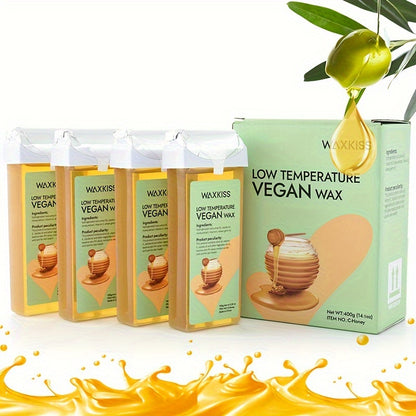 WAXKISS Premium Niedertemperatur Honigweiches Wachs Roll-On Cartridge Haarentfernung Wachs 4er-Pack 100G Geschenkset Schmerzfreie Haarentfernung Zuhause Präzise Haarentfernung Sicher Niedrig für Allergien Leicht zu Reinigen Geeignet für Alle Hauttypen Kör