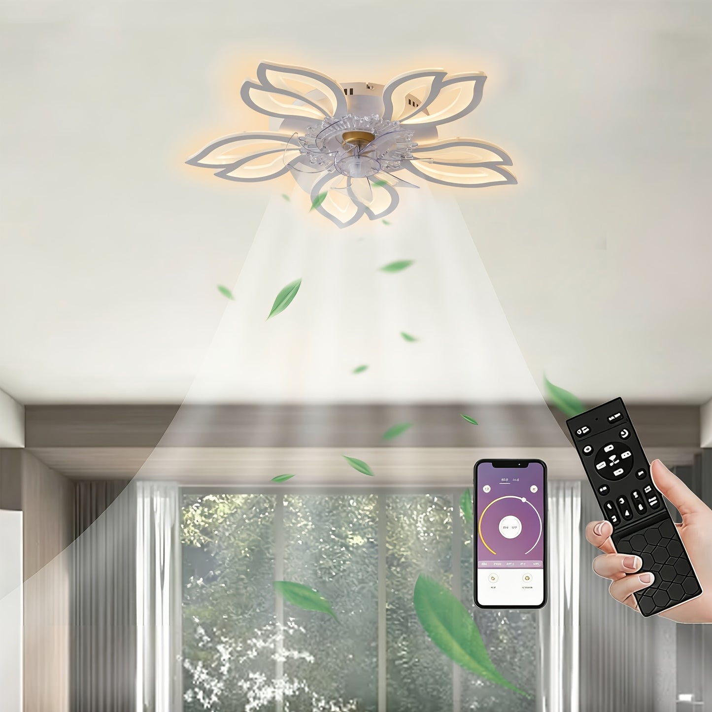 LED Leiser Deckenventilator mit Beleuchtung, Schlafzimmer Deckenleuchte mit Fernbedienung und App, Dimmbare Lampe mit Ventilator 5 Lichter Blumenform Acryl Lampenschirm Wohnzimmer Küche, 69Cm