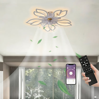 LED Leiser Deckenventilator mit Beleuchtung, Schlafzimmer Deckenleuchte mit Fernbedienung und App, Dimmbare Lampe mit Ventilator 5 Lichter Blumenform Acryl Lampenschirm Wohnzimmer Küche, 69Cm
