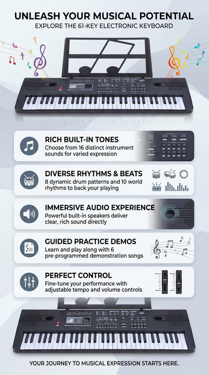 61-Klavier-Elektroklavier, eingebauter Mono-Lautsprecher, Klavier ideal für Anfänger, tragbares Elektroklavier, mit 16 Tönen, 8 Percussion-Soundeffekten, 10 Rhythmen, 6 Demonstrationen, hochwertiger Klang, ist die beste für Musikliebhaber