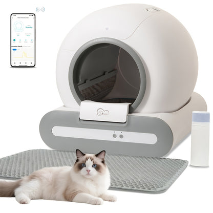 DOEL Selbstreinigende Katzentoilette Automatische Katzentoilette mit Streuunterlage und Müllbeuteln 65L Große Kapazität Katzen WC App Steuerung 2.4G Wifi, Ohne Batterie