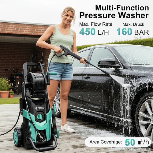 Elektrische Hochdruckreiniger 160 Bar, 450 L/H, 6-in-1 Düse mit 500ml Schaumkanone, für Auto- und Gartenreinigung