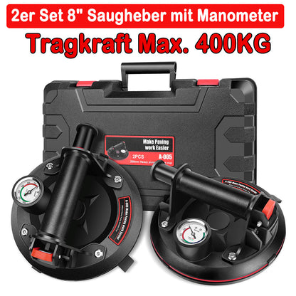 2er-Set 8" Saugheber mit Manometer, Glassauger Tragkraft Max.400KG, Vakuum Fliesenheber mit Tragbarer Werkzeugkasten, für Glas, Fliesen, Marmor