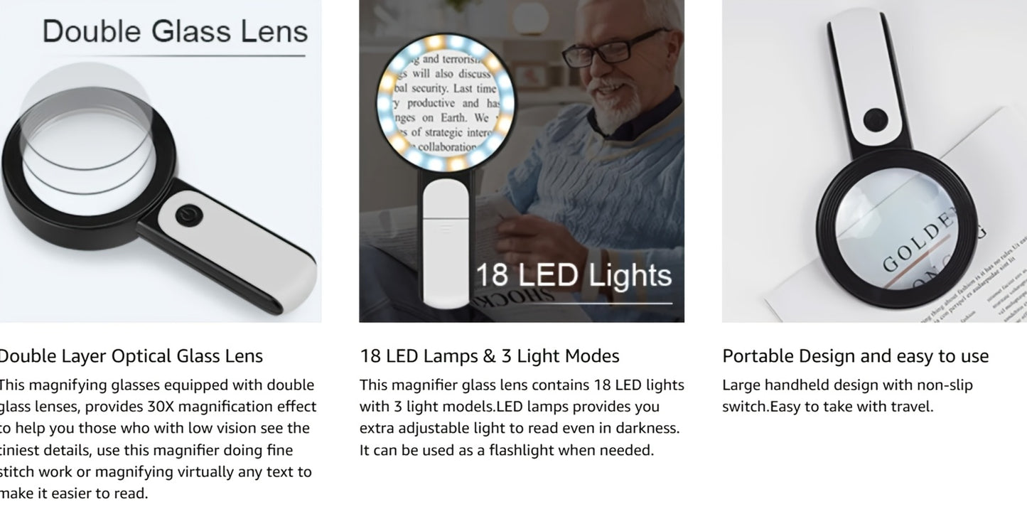 2er-Pack (Handlupe & Mini-Klapplupe) Lupe mit Licht, geeignet für Senioren, 30-fache Großlupe, 18 LED Kalt-/Warmlicht, 3 Modi, batterieloser Betrieb zum Lesen, für Inspektion, Kleine Waren, Schmuck, für Reisen, Gebrauch