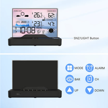 Geevon Kabelloses Thermometer für Innen und Außen mit farbigem Display - Digitale Temperaturkalender, Barometrischer Druck und Wettervorhersage, Batteriebetrieben, Innenraum-Temperaturmonitor | Modernes Thermometer-Design |, Wetterstation