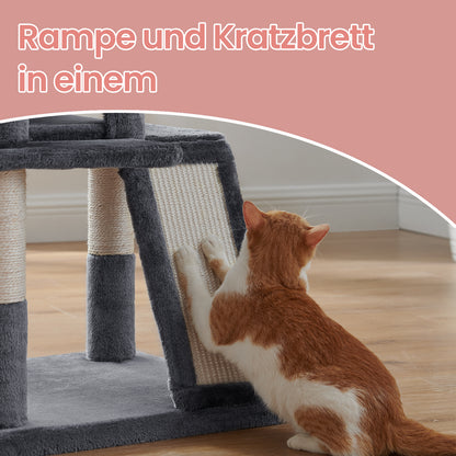 Katzenklettergerüst klein 96 cm hoch einem Kippschutz，Kratzbaum, Katzenbaum mit großer Plattform, Kratzsäulen, Höhlen, Plüschbälle, Einfache Montage,geeignet für Hauskatzen, Kätzchen