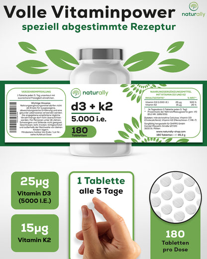 Vitamin D3 K2 Tabletten [180 Stück] – hochdosiert, 5000 I.E. Vitamin D pro Tablette, vegan, ohne Zusätze von naturally