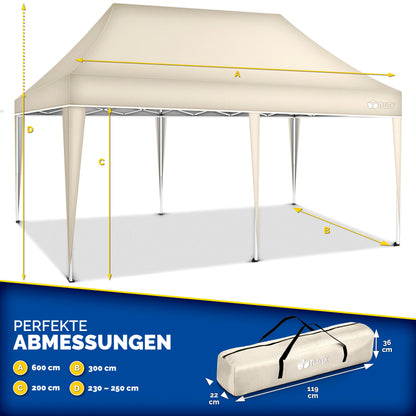 tillvex® Pavillon 3x6m Faltbar + 6x Sandsäcke | Pop-Up Faltpavillon Höhenverstellbar, Winterfest | Gartenzelt Stabil mit und ohne Seitenwänden UV Schutz 50+ | Partyzelt Wasserdicht mit Tasche für Garten