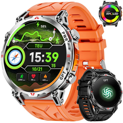 Smartwatch mit realer GPS-Ortung, großer Akkukapazität, 1,43-Zoll-AMOLED-HD-Touchscreen, kabellosem Anruf, Sportmodus, LED-Taschenlampe, Outdoor-Smartwatch