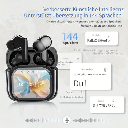 144 Sprachen Übersetzung Permanent Kostenlose Nutzung KI Translator Kopfhörer KI Echtzeit-Übersetzung Ohrhörer HD Sound LED Smart Screen TWS Kopfhörer mit Touchscreen Lange Simultansprache Geräuschunterdrückung für Geschäftsreisen Sport
