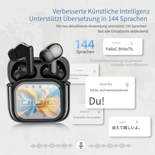 144 Sprachen Übersetzung Permanent Kostenlose Nutzung KI Translator Kopfhörer KI Echtzeit-Übersetzung Ohrhörer HD Sound LED Smart Screen TWS Kopfhörer mit Touchscreen Lange Simultansprache Geräuschunterdrückung für Geschäftsreisen Sport