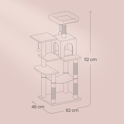 Katzenklettergerüst 112 cm hoch，Kratzbaum，mehrstöckiger Katzenbaum mit Höhle Schlafnest Plüschspielzeug , mehrstöckiges Katzenhaus mit 4 Kratzsäulen, 2 Plattformen, Hängematte,Stabiles Und Langlebiges ,für Wohnungskatzen Und Kätzchen