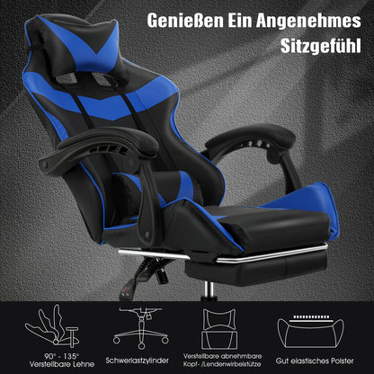 Gaming Stuhl, Computer Stuhl mit Lendenkissen, Kopfstütze, Fußstütze, Höhenverstellbarer Bürostuhl Gaming Stuhl für Erwachsene, Mädchen, Jungen