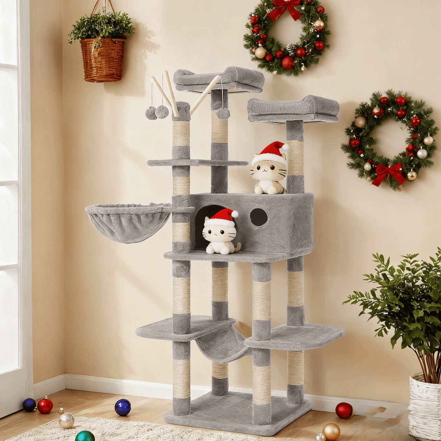 Katzenklettergerüst XXL 164cm hoch einem Kippschutz，Kratzbaum, Katzenbaum, Katzenkratzbaum, mit Plüschbällen, Kratzsäulen, Plattformen, Hängematte, Höhle,Stabiles Und Langlebiges ,Einfache Montage,für Wohnungskatzen die gerne klettern und hoch hinaus woll