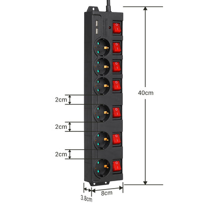Steckdosenleiste Einzeln Schaltbar mit USB, 6Fach Steckdosenleiste mit Schalter, Mehrfachsteckdose mit Überlastschutz, Kindersicherung, 90° Gedreht, 2M/3M, Weiß/Schwarz