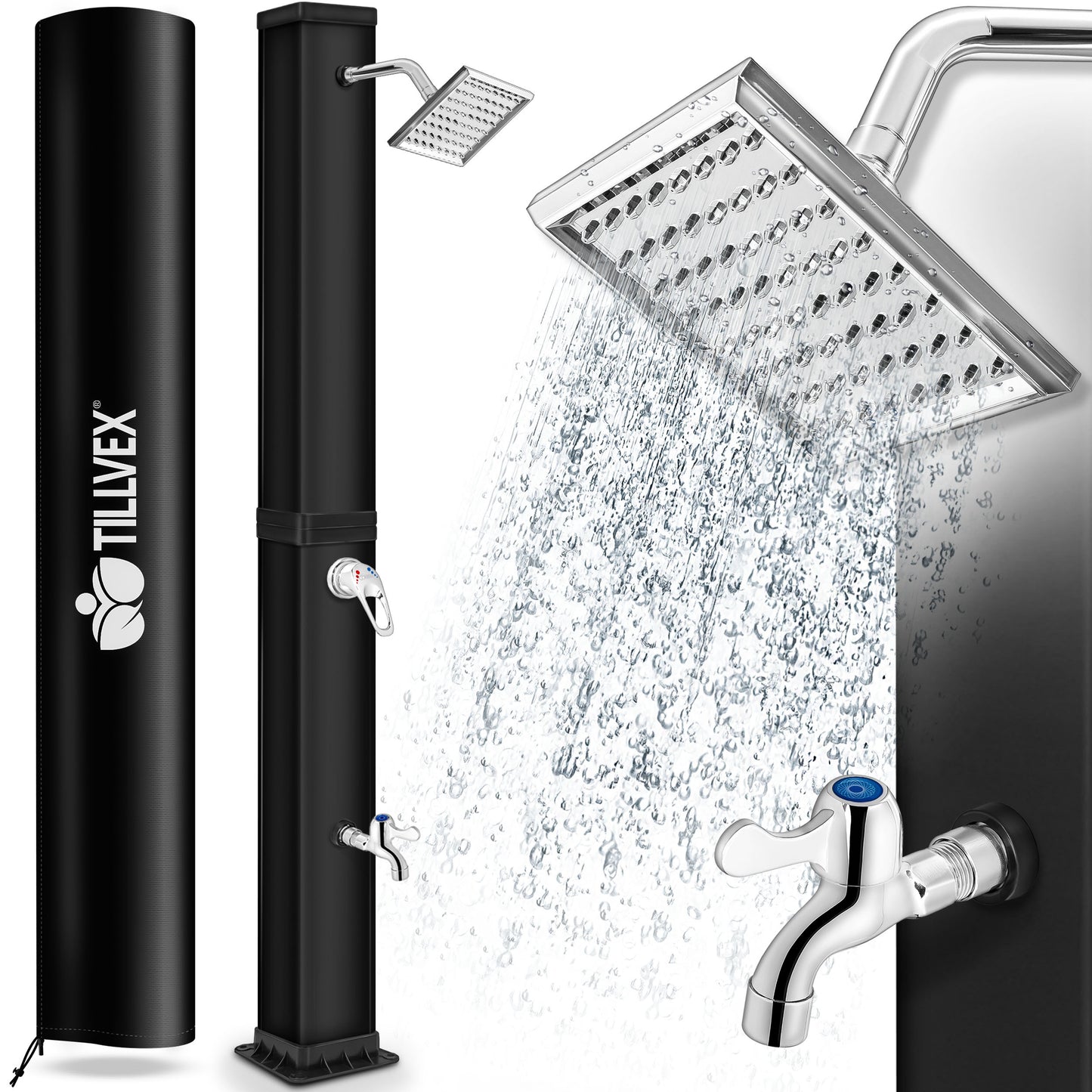tillvex® Solardusche 20 - 60 Liter inkl. Abdeckung Solar Gartendusche Solar für draußen Pooldusche Komplettset warmes Wasser Camping ohne Stromanschluss mit Wasserhahn Gartenschlauch-Anschluss