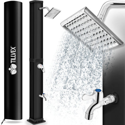 tillvex® Solardusche 20 - 60 Liter inkl. Abdeckung Solar Gartendusche Solar für draußen Pooldusche Komplettset warmes Wasser Camping ohne Stromanschluss mit Wasserhahn Gartenschlauch-Anschluss