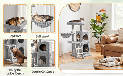 Costoffs Katzenbaum Höhe 94 cm Kratzbaum mit Aussichtsplattform & Zweistufige Katzenhöhle & Liegemulde & Treppe & Hängendem Plüschball