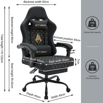 Gaming Stuhl mit Fußstütze, Ergonomischer Computer Gaming Stuhl, Verstellbarer Schwenkstuhl mit Lordosenstütze, PC Stuhl, Bürostuhl, Schwarz
