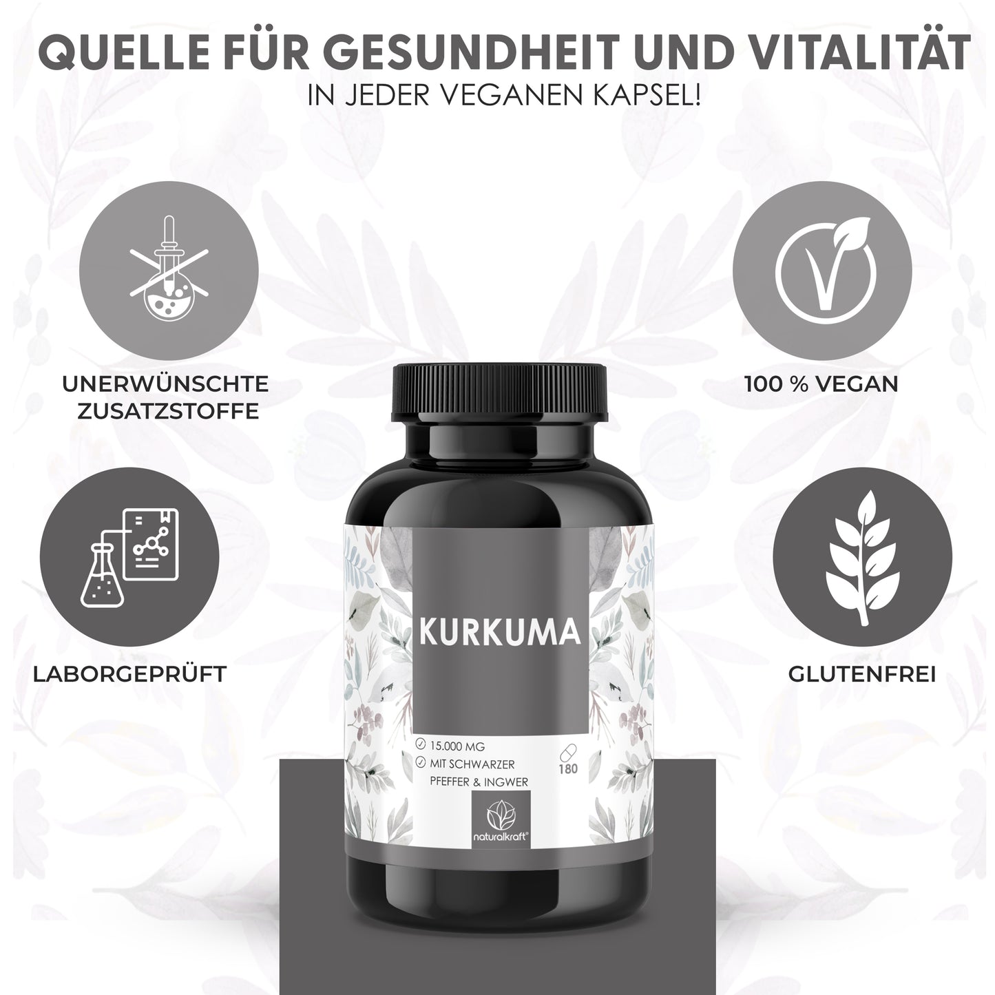 Kurkuma Premium Kapseln – Je Tagesdosis Kurkuma Wurzelpulver mit Ingwer, Schwarzem Pfeffer & Zedoaria – Vegan, glutenfrei – 180 Vegane Kapseln für 6 Monate