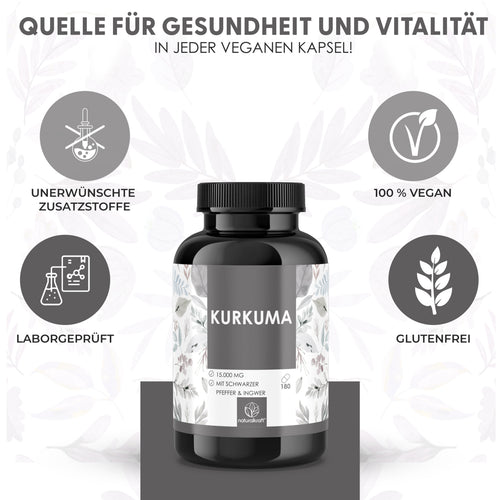 Kurkuma Premium Kapseln – Je Tagesdosis Kurkuma Wurzelpulver mit Ingwer, Schwarzem Pfeffer & Zedoaria – Vegan, glutenfrei – 180 Vegane Kapseln für 6 Monate