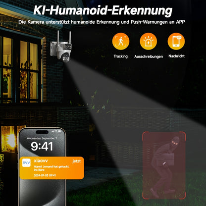 8MP WLAN Solarbetriebene Dual-Objektiv-Kamera, Bewegungserkennung, Personenerkennung, Zwei-Wege-Audio, Vollfarb-Nachtsicht, für Haussicherheit