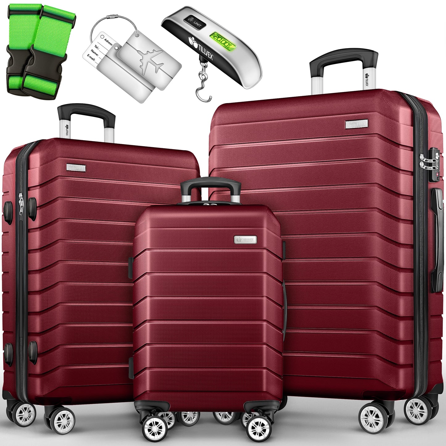 tillvex® Reisekoffer Set + Gepäckwaage, Koffergurte & Kofferanhänger | Kofferset 4 Rollen | Trolley Gepäck Koffer TSA Schloss | Hartschalenkofferset